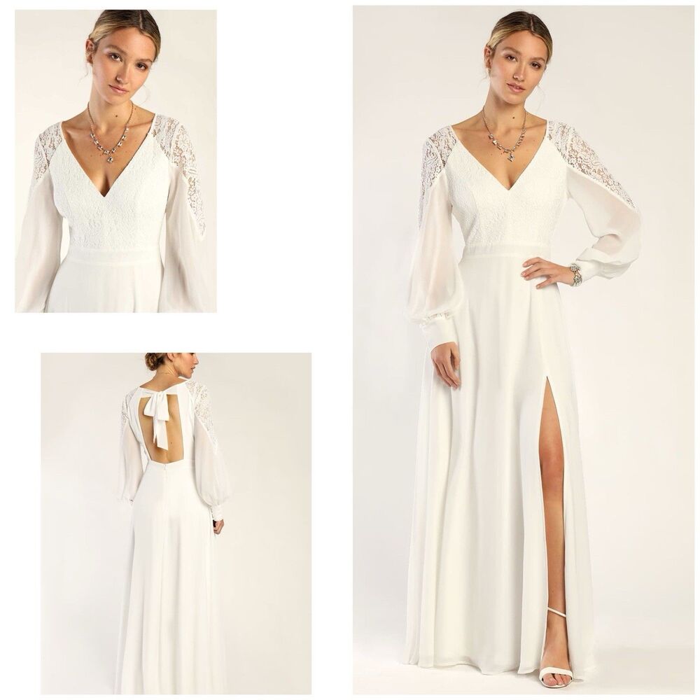 Lulu's White Lace-Sleeve Maxi Dress
